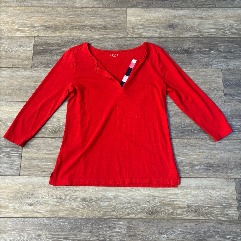 Loft Top Sz S Red 3/4 Sleeve V Neck Embroidered Shirt Nautical Coastal Preppy